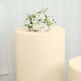 Set of 5 | Beige Cylinder Stretch Fitted Pedestal Pillar Prop Covers, Display Box Stand Covers