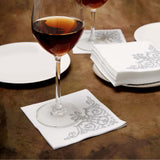 20 Pack White Linen-Feel Beverage Napkins with Silver Fleur Vintage Print