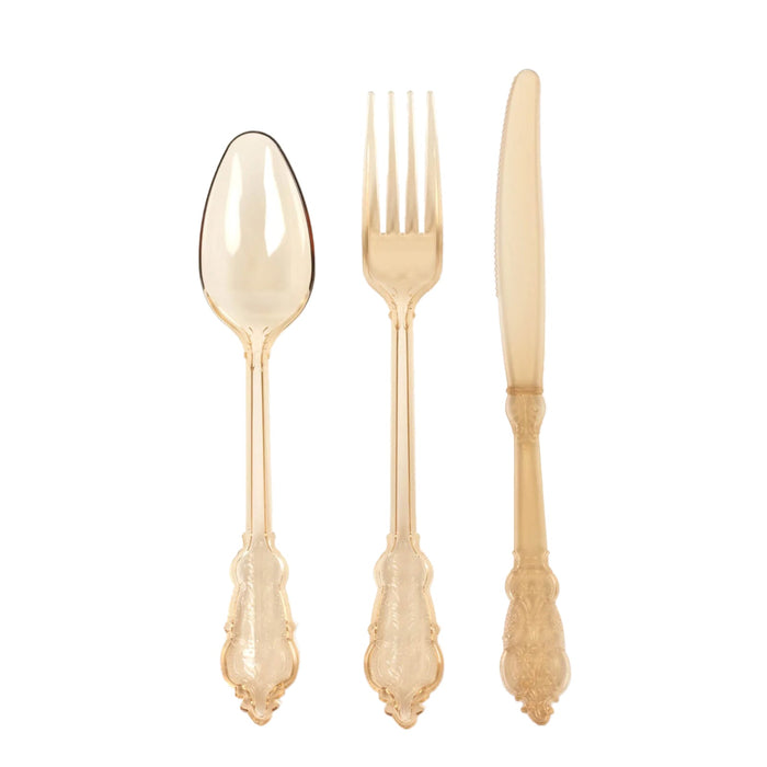 72 Pcs Plastic Silverware Set in Baroque Style Amber Gold#whtbkgd