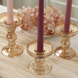 Set of 3 Amber Gold Premium Glass Taper Candle Holders with Round Candle Tray