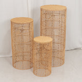 Set of 3 Natural Woven Rattan Wicker Pedestal Stand Floor Lamp Shades with Wave Pattern