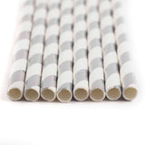 25 Pack 8" White/Silver Striped Disposable Paper Straws