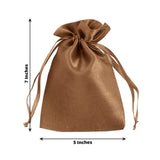 Brown satin drawstring gift bag, 7 inches tall and 5 inches wide.