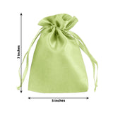 Green satin drawstring gift bag, 7 inches tall and 5 inches wide.