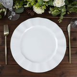 10 Pack | 11 White Disposable Dinner Plates With Gold Ruffled Rim, Round Plastic Party Plates