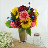 34 Pcs | Artificial Rose, Silk Sunflower & Blueberry Stems Mix Flower Box - Burgundy/Pink