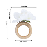 4 Pack White Silk Jasmine Flower Napkin Rings with Wooden Holder, Rustic Boho Serviette Buckles