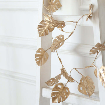 Artificial Monstera Leaf Hanging Vine Metallic Gold - Faux Table Garland for Tropical Outdoor & Boho-Inspired Events 7ft