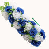 6 Pack White Royal Blue Silk Rose Flower Panel Table Runner, Artificial Floral Arrangements