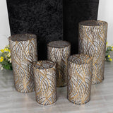 Set of 5 Black Wave Mesh Cylinder Pedestal Stand Covers with Embroidered Sequins, Premium Pillar