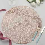 6 Pack Rose Gold Vinyl Placemats, Decorative Woven Non-Slip Round Table Mats 15"