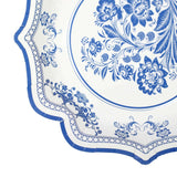 25-Pack Paper Dessert Plates in White with Light Blue Damask Floral Print & Scallop Rim