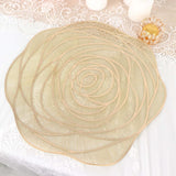 6 Pack Metallic Gold Round Vinyl Placemats, Washable Rose Flower Non Slip Dining Table Mats 15"