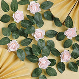 24 Roses | 2inch Rose Gold Blush Artificial Foam Flowers With Stem Wire and Leaves