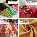 Colorful polyester napkins, stain and wrinkle resistant, perfect for elegant table settings.