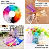 Colorful organza drawstring bags in various sizes for wedding favors and gifts.