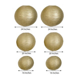 Set of 6 - Gold Hanging Paper Lanterns Round Assorted Size