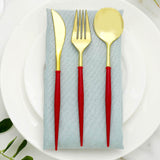 24 Pack | Gold 8inch Modern Flatware Set, Heavy Duty Plastic Silverware With Red Handles