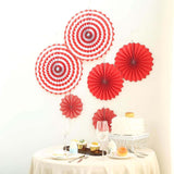 Set of 6 | Red Paper Fan Decorations | Paper Pinwheels Wall Hanging Decorations Party Backdrop Kit | 8" | 12" | 16"