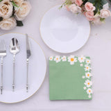 20 Pack Sage Green Daisy Flower Paper Beverage Napkins, Disposable Cocktail Napkins