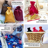 Colorful satin drawstring bags in various shades, showcasing durability and versatility.