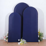 Set of 3 Matte Navy Blue Spandex Fitted Chiara Backdrop Stand Covers For Round Top Wedding