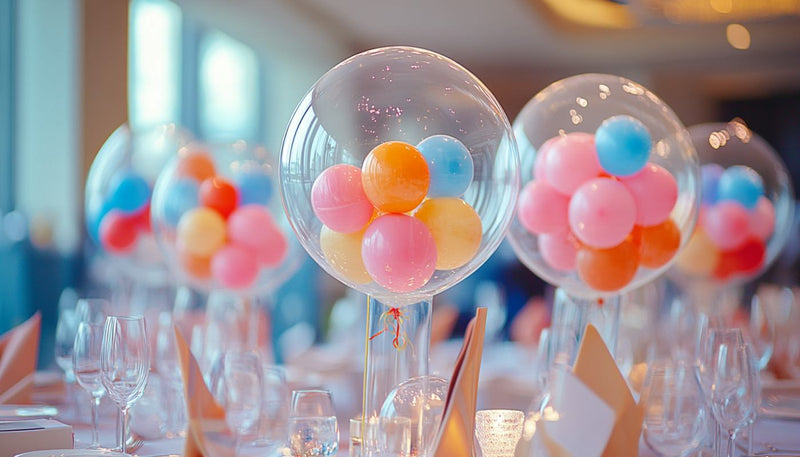 Clear bubble balloon centerpiece with colorful balloons