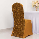 Gold Satin Rosette Spandex Stretch Banquet Chair Cover, Fitted Slip On Chair Cover