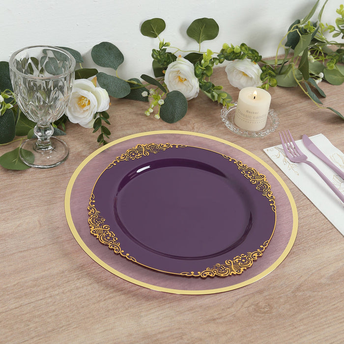10-Pack Plastic 10inch Round Dinner Plates in Purple with Gold Leaf Embossed Rim Disposable Vintage
