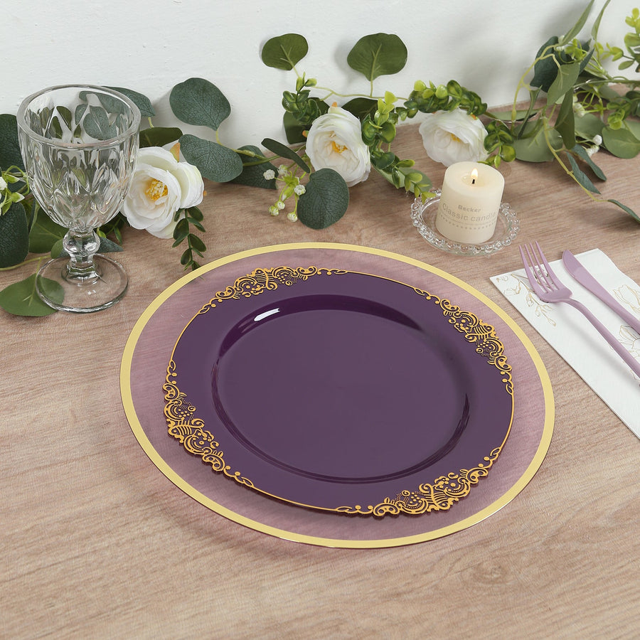 10-Pack Plastic 10inch Round Dinner Plates in Purple with Gold Leaf Embossed Rim Disposable Vintage
