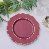 8inch Burgundy Heavy Duty Baroque Salad Plates with Gold Rim, Hard Plastic Dessert Appetizer Plates