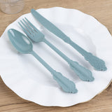 72 Pack Dusty Blue Plastic Silverware Set in Baroque Style, Heavy Duty Disposable Forks