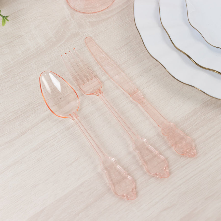 72 Pcs Plastic Silverware Set in Baroque Style Transparent Blush - Heavy Duty Disposable Knife, Fork, and Spoon Set