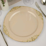 Taupe Gold Leaf Embossed Baroque Plastic Dinner Plates, Disposable Vintage Round Dinner Plates