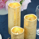 Set of 3 | Metallic Gold Flameless Candles | Battery Operated LED Pillar Candle Lights with Remote Timer - 4"|6"|8"