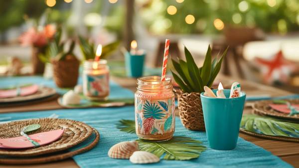 Beach birthday table setting with tropical decor