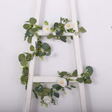  Artificial Eucalyptus Leaf Hanging Vines With 7 White Rose Flower Heads, Floral Greenery Table