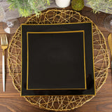 10 Pack | 8inch Black / Gold Concave Modern Square Plastic Dessert Plates, Disposable Salad Plates