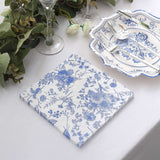 20 Pack White Blue 2-Ply Paper Beverage Napkins in French Toile Print