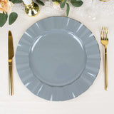 10 Pack | 11 Dusty Blue Disposable Dinner Plates With Gold Ruffled Rim, Round Plastic Party Plates