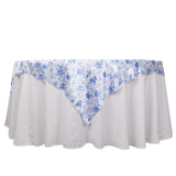 White Blue French Toile Floral Satin Table Overlay, Square Tablecloth Topper