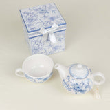 White Blue Chinoiserie Bridal Shower Gift Set, Porcelain Teapot and Cup Set with Matching Gift Box