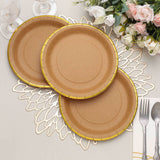 25 Pack | 8 Round Natural Brown Paper Salad Plates With Gold Lined Rim, Disposable Dessert Appetize