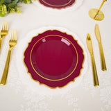 8inch Burgundy Plastic Dessert Salad Plates, Disposable Tableware Round With Gold Scalloped Rim