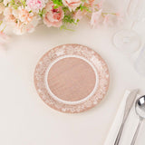 25 Pack Natural Burlap Print Paper Salad Plates with Floral Lace Rim