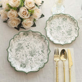 25 Pack Sage Green Disposable Party Plates in French Toile Floral Pattern, 10inch Paper Dinner