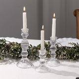 Set of 3 Clear Ribbed Glass Taper Candlestick Holders, Fluted Crystal Candle Stands