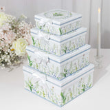 Set of 4 White Green Floral Square Nesting Gift Boxes With Lids