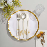 25 Pack | 10inch Matte White / Gold Wavy Rim Disposable Dinner Plates, Round Paper Party Plates