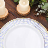 10 Pack White Renaissance Disposable Dinner Plates With Gold Navy Blue Chord Rim, Plastic Party